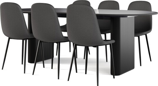 Noira Ovalt Spisebord 220 cm Svart + 6 Nibe stol svart med svarte ben - Svart