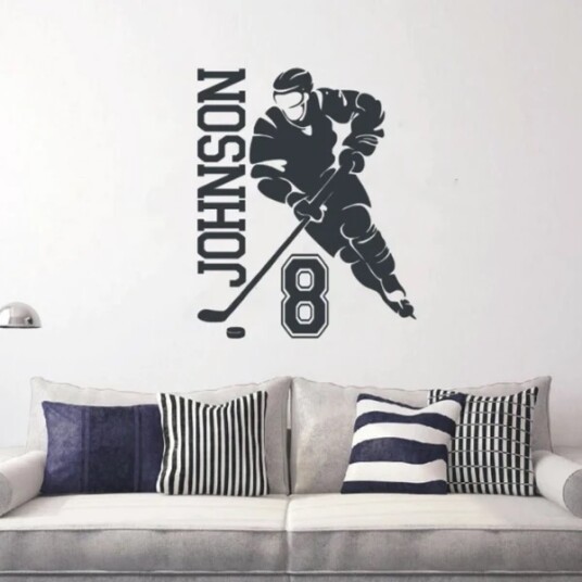 Wallstickers Hockeyspiller / Personlig navn og nummer / Gjennomsiktig