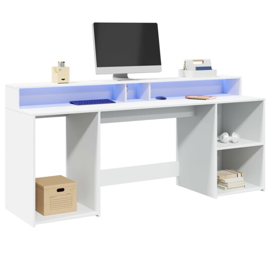  Skrivebord med LED-lys hvit 200x55x91 cm konstruert tre