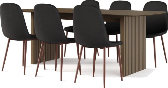 Richeto spisebord røkt eik 210 cm valnøtt + 6 stk. Nibe stol svart med valnøttben - Brun/Svart