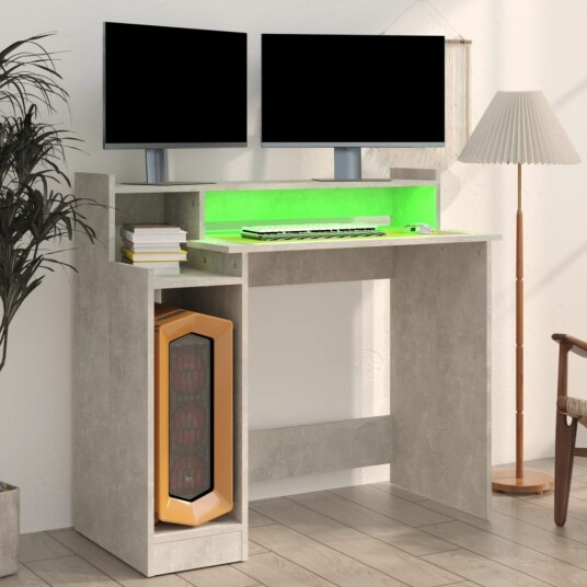 vidaXL Skrivebord med LED-lys betonggrå 97x45x90 cm konstruert tre