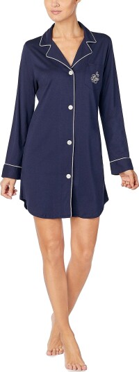 Lauren Ralph Lauren Nattskjorte LRL Knit Collar Sleepshirt Blå