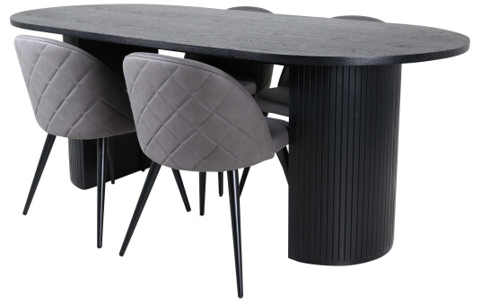 Venture Design Bianca & Velvet spisegruppe Grå/svart 4 stoler & bord 200 x 90 cm