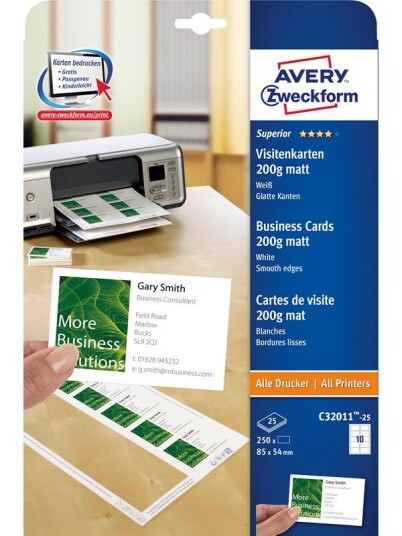 Avery Quick&Clean™ visittkort, superior matte , Lag og skriv ut selv, 200 g/m², Blekkskriver, Fargelaserskriver, S/H laserskriver, Kopimaskin Avery Quick&Clean™ visittkort, superior matte , Lag og skriv ut selv, 200 g/m², Blekkskriver, Fargelaserskriver, S/H laserskriver, Kopimaskin