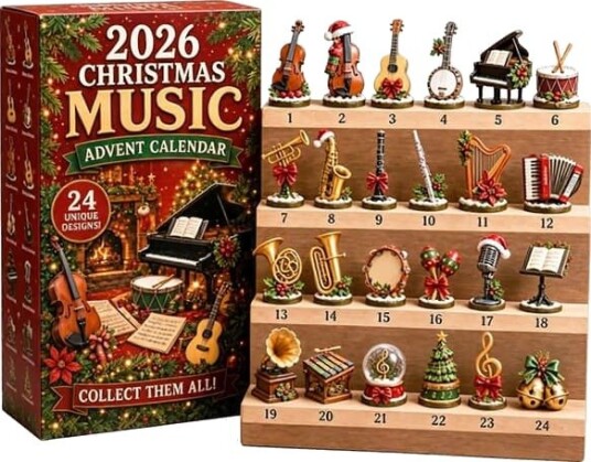 Julemusikk adventskalender 2026 24 mini musikkinstrumentpynt nedtelling
