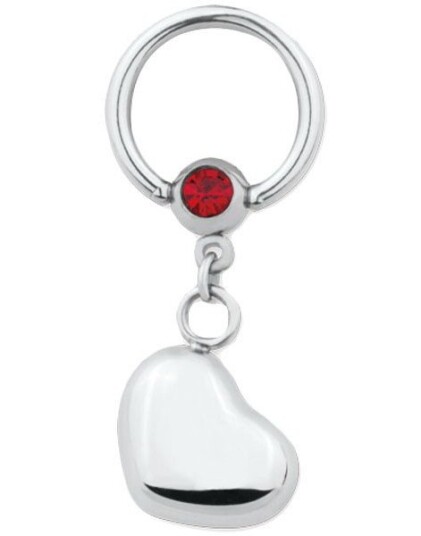 Hengende Hjerte & Rød Sten BCR Piercing 1,6 x 10 mm