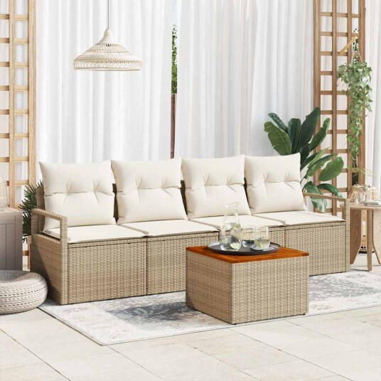 5-delt hagesofa-sett med puter i beige polyrotting og akacia.