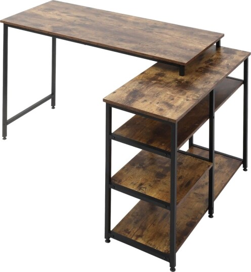 Hjørnepult L Formet Pc Bord Med Hylle Og Skuff Kontorbord Metallsponplater Rustikkbrun 135X90X79Cm