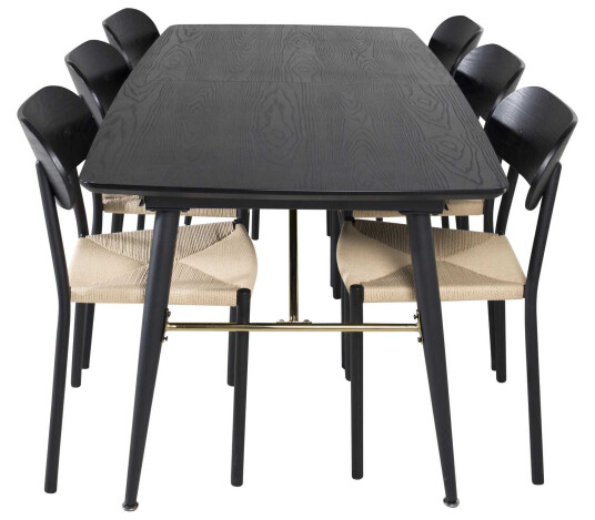 Venture Design Black Veneer & Polly spisegruppe Svart/svart 6 st stoler & bord 180 x 85 cm