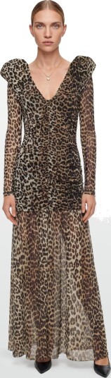 Ganni Printed Mesh Long Ruched Dress Brown 34 Ganni Printed Mesh Long Ruched Dress Brown 34