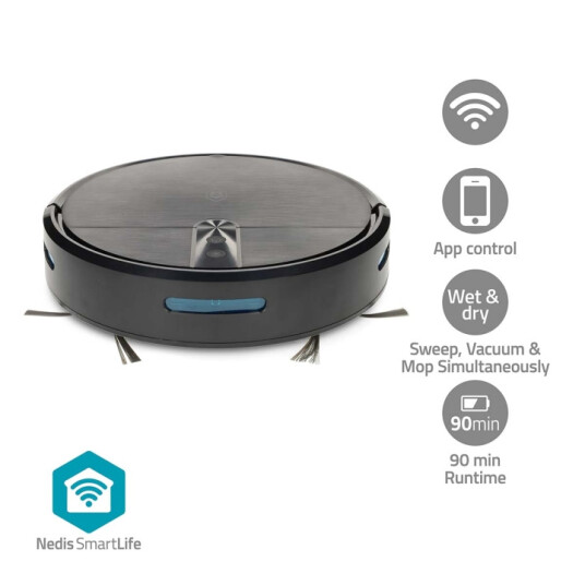 Nedis SmartLife Robot Støvsuger | Tilfeldig | Wi Fi | Kapasitet Collection Reservoir: 0.6 l | Automatsik lading | Maksimal driftstid: 2 timer | Sort | Android™ / IOS