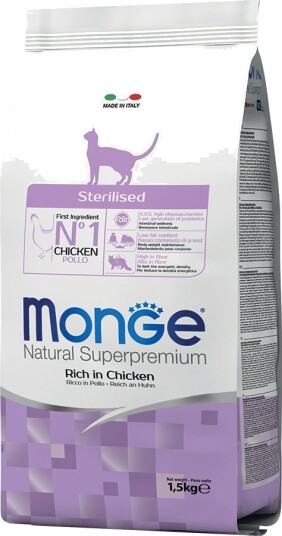Monge Superpremium Cat Tørrfôr Natural Superpremium Sterilised Rich Naturlig Og Sterilisert Sett % Chicken 3 X 1.5 kg