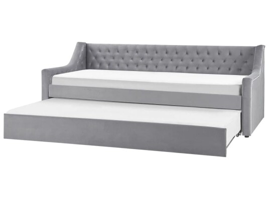 Sovesofa i grå fløyel 90 x 200 cm Dekorativ sovesofa med tuftet vattert rygg med knapper og uttrekkbar seng Design til jenterommet Inspirasjon
