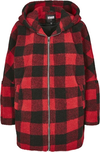 Urban Classics Vinterjakke   Ladies Hooded Oversized Check Sherpa Jacket   XS til 4XL   Damer   rød svart