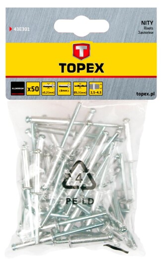 POPNAGLE 3,2x8mm 50pk ALUMINIUM BLINDNAGLE TOPEX POPNAGLE 3,2x8mm 50pk ALUMINIUM BLINDNAGLE TOPEX