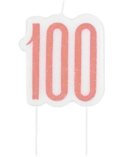 Tallet 100 Hvit og Rose Gullfarget Jubileums Kakelys 8,5 cm