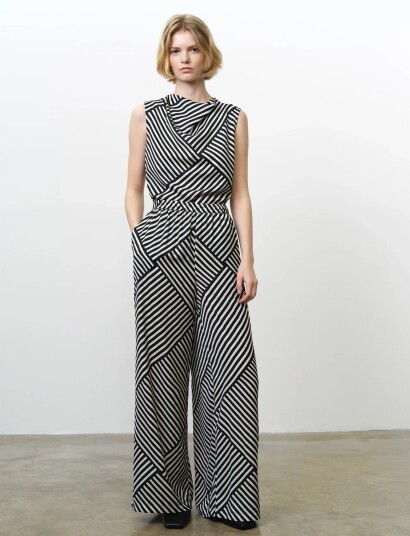 French Connection Striped Damasco Wide Trouser Black S