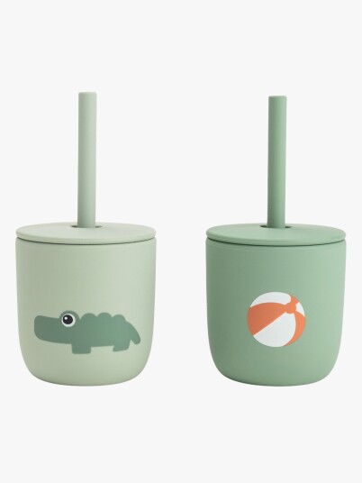 Done by Deer Silicone Straw Cup 2 Pack Playground Green   Green   CUP:Ø 7X H 7CM.STRAW:13.5CM