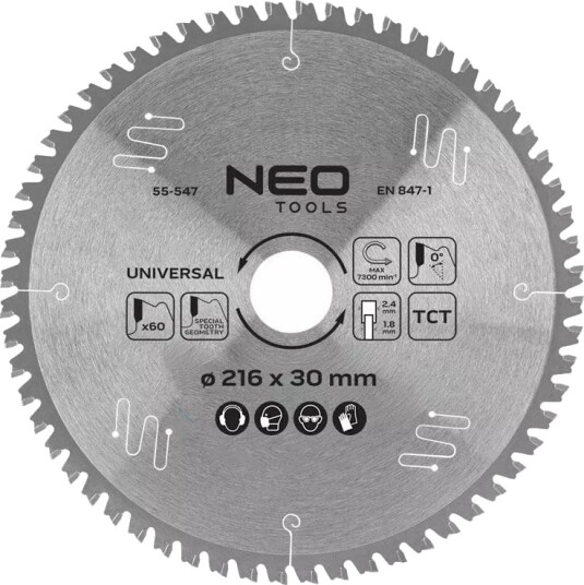 NEO Tools 55-547 Sirkelsagblad - 216x30mm, 60 tenner, inkl. 3 reduksjonsringer