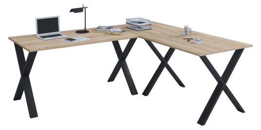 Lona hjørneskrivebord 160x160x50 cm X-ramme Sonoma eik dekor, svart.
