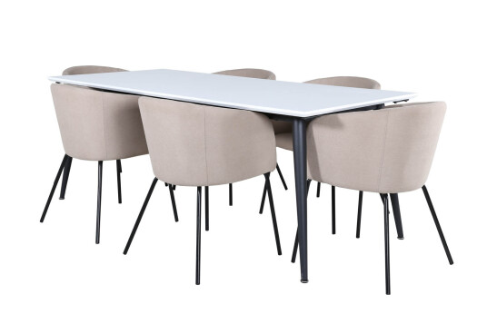 Jimmy195 spisegruppe spisebord uttrekksbord lengde cm 195 / 285 hvit og 6 Berit spisestuestoler beige.