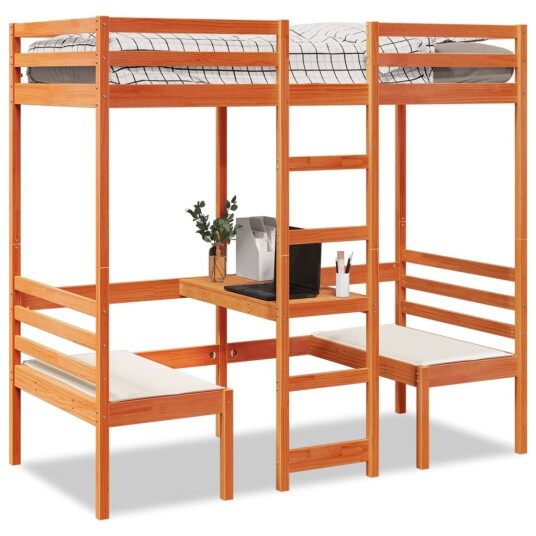  Ramme loftseng skrivebord stoler voksbrun 80x200 cm heltre furu 8721158373182