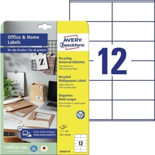 Avery Lr3424 10 Hvit Rektangel Permanent 105 X 48 Mm A4 Papir