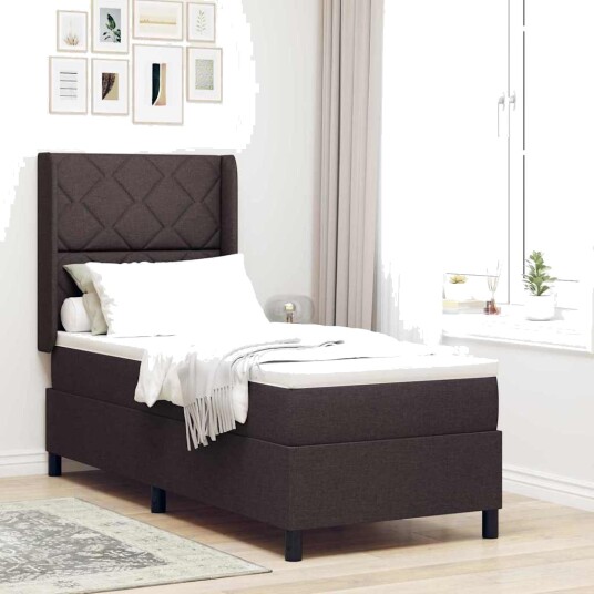 Bokseng med Madrass & LED Mørk Brun 90x190 cm Stoff