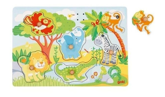 Goki Wooden Stud Puzzle Zoo with Sound 6 pcs. Tre