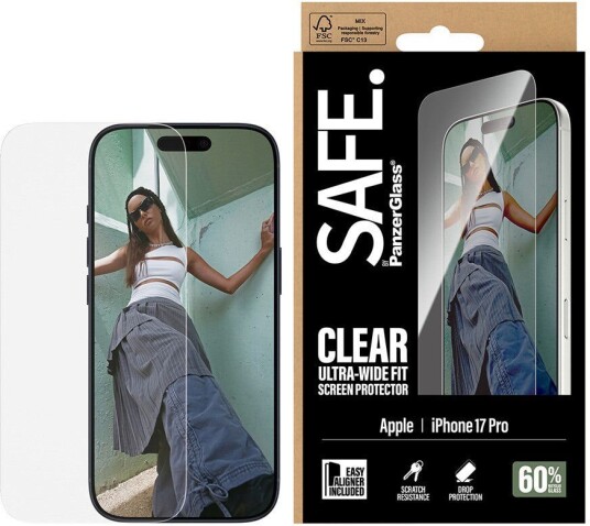 PanzerGlass SAFE iPhone 17 Pro Ultra Wide Fit Skjermbeskyttelsesglass - Gjennomsiktig