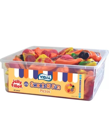 Boks med Vidal Jelly Filled Pizza Slices Pizzaformet Vingummi med Gelefyll 636 gram