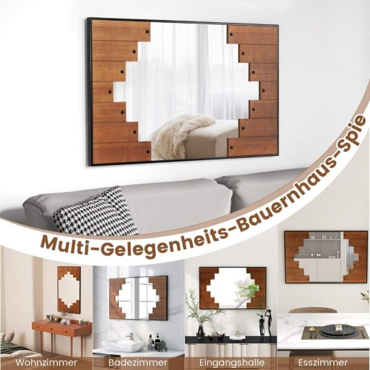 Rektangulært speil med treramme 60 x 95 cm rustikk veggspeil med toveis kroker