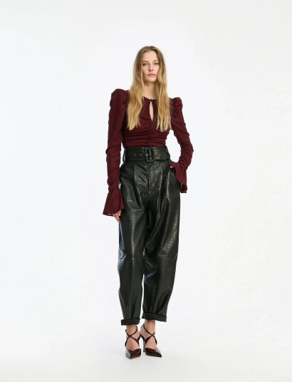 ROTATE Birger Christensen Chiffon Ruched Ls Top   Burgundy   38