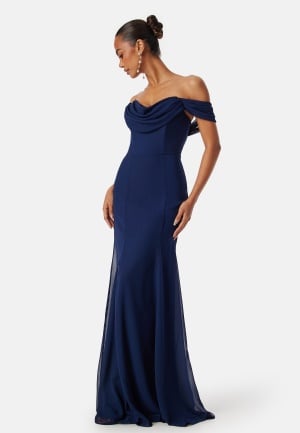 Goddiva Chiffon Off Shoulder Maxi Dress Navy XL UK16