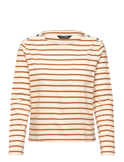 Lauren Ralph Lauren Striped Jersey Snap-Trim Boatneck Top - Beige - XL