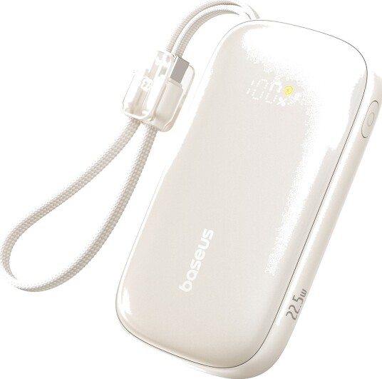 Baseus EnerFill FC21 Qpow 3 Ultra 10 000 mAh 22,5 W powerbank med integrert kabelstropp Beige Baseus EnerFill FC21 Qpow 3 Ultra 10 000 mAh 22,5 W powerbank med integrert kabelstropp Beige