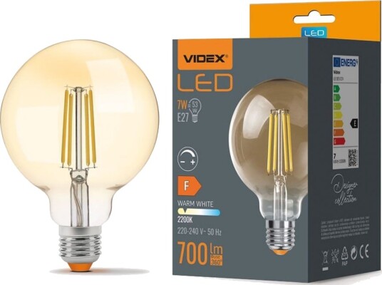Videx E27 7W dimbar LED pære G95 Amber glass Filament 2200K erstatter 53W Dimbar : Dimbar Kulør : Ekstra varm