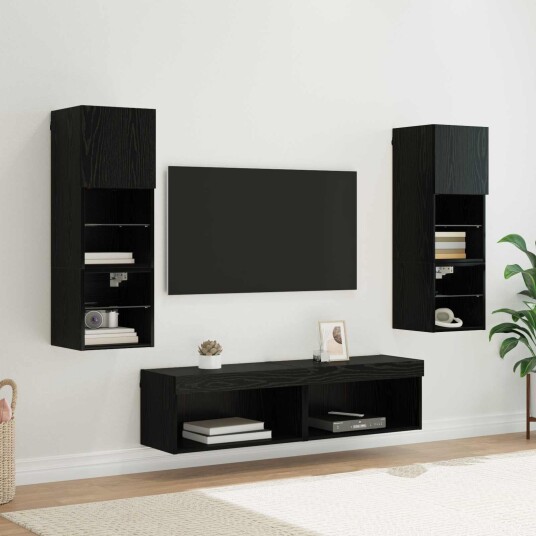  TV Vegg enhet med LED  stripelys 6 pcs Svart Eik Konstruert tre