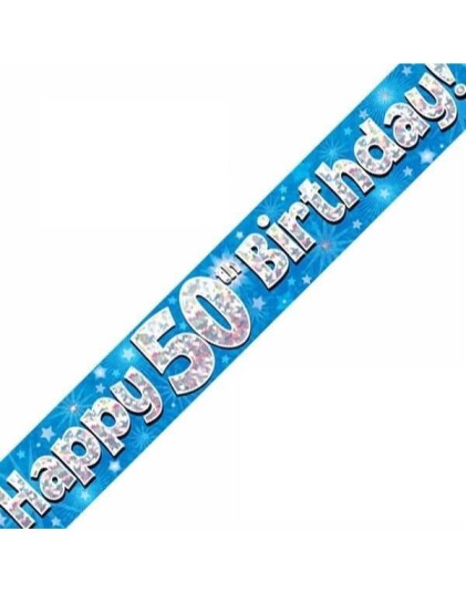 Crosswear Happy 50th Birthday 2,7 Meter Blå og Sølvfarget Holografisk Banner