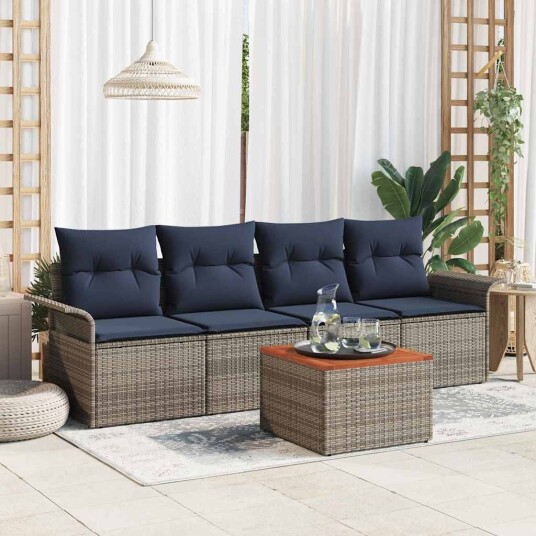 vidaXL Hagesofa Set med lagring 5 pcs Grå og marineblå polyrotting