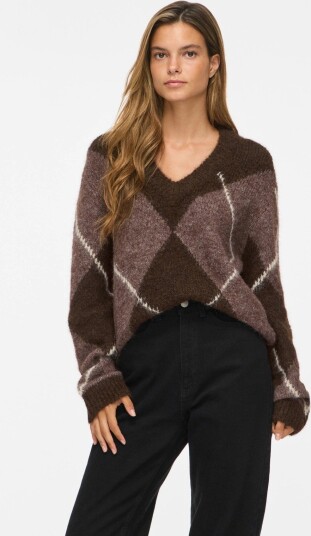 Vila Tolise V neck Long Sleeve Check Knit Top Brun S
