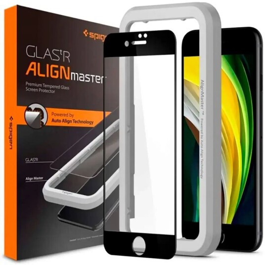 Spigen AlignMaster Skjermbeskyttelse for iPhone SE (2022/2020), 8, 7 - Svart Ramme, 2-Pack