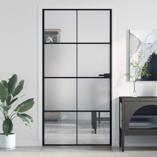 vidaXL Innerdør slank svart 102,5x201,5 cm herdet glass og aluminium