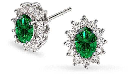 Gold Collection oredobber i 585 hvitt gull med diamanter 0 48 ct og smaragd