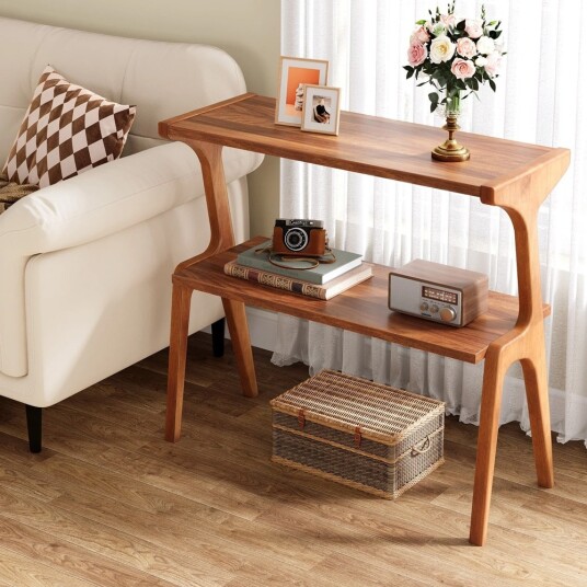 Sidebord 70×30×67 cm / smalt nattbord med 2 hyller / avlastningsbord i tre – Valnøtt