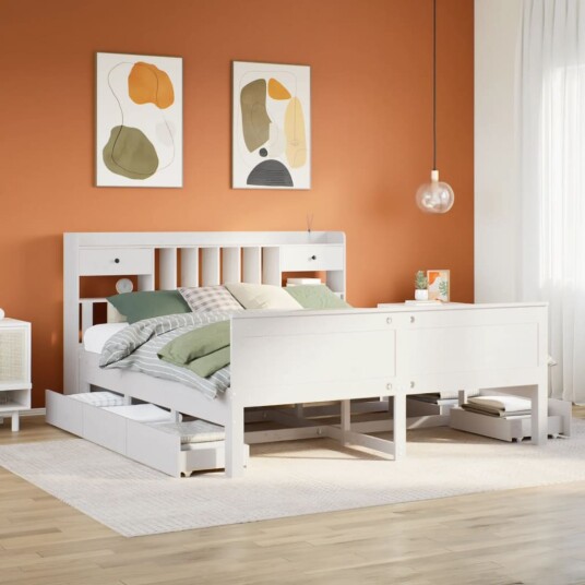  Seng med bokhylle uten madrass hvit 180x200 cm heltre furu