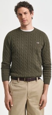 Gant Kabelstrikket genser i bomull med rund hals KHAKI GREEN MELANGE XXXL