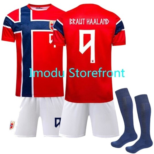 Fotball-VM 2026 Norges herrelandslag hjemmedrakt for barn + shorts + sokker (nr. 9 Haaland trykt)