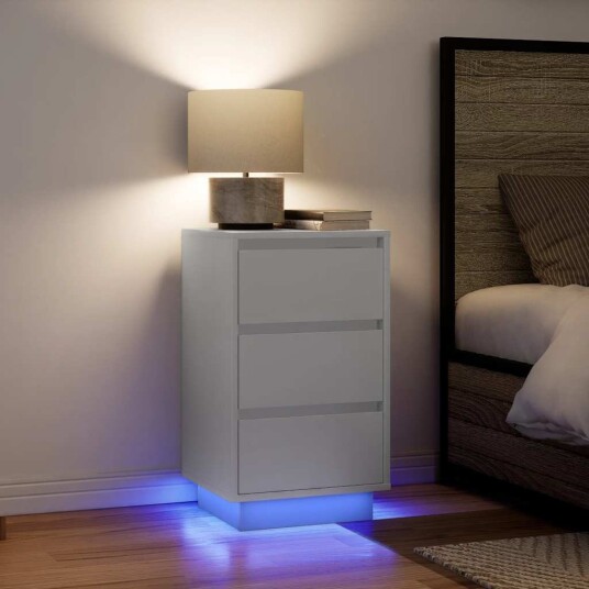  Nattbord med LED lys hvit 38x34x65 cm