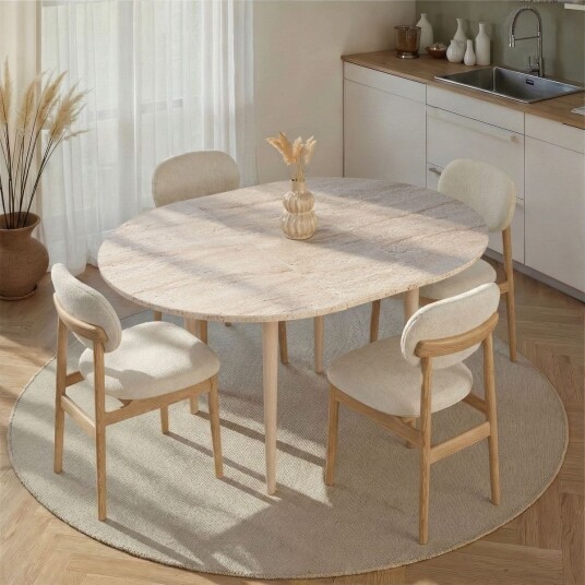 Tralven spisebord 131 cm rundt - Travertin og Eik